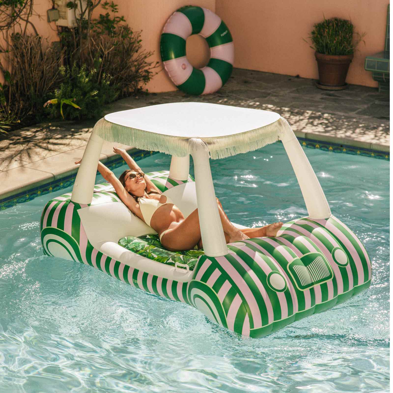 Green & Pink Palm Cabana Golf Cart Pool Float, Removable Shade | FUNBOY Near Me