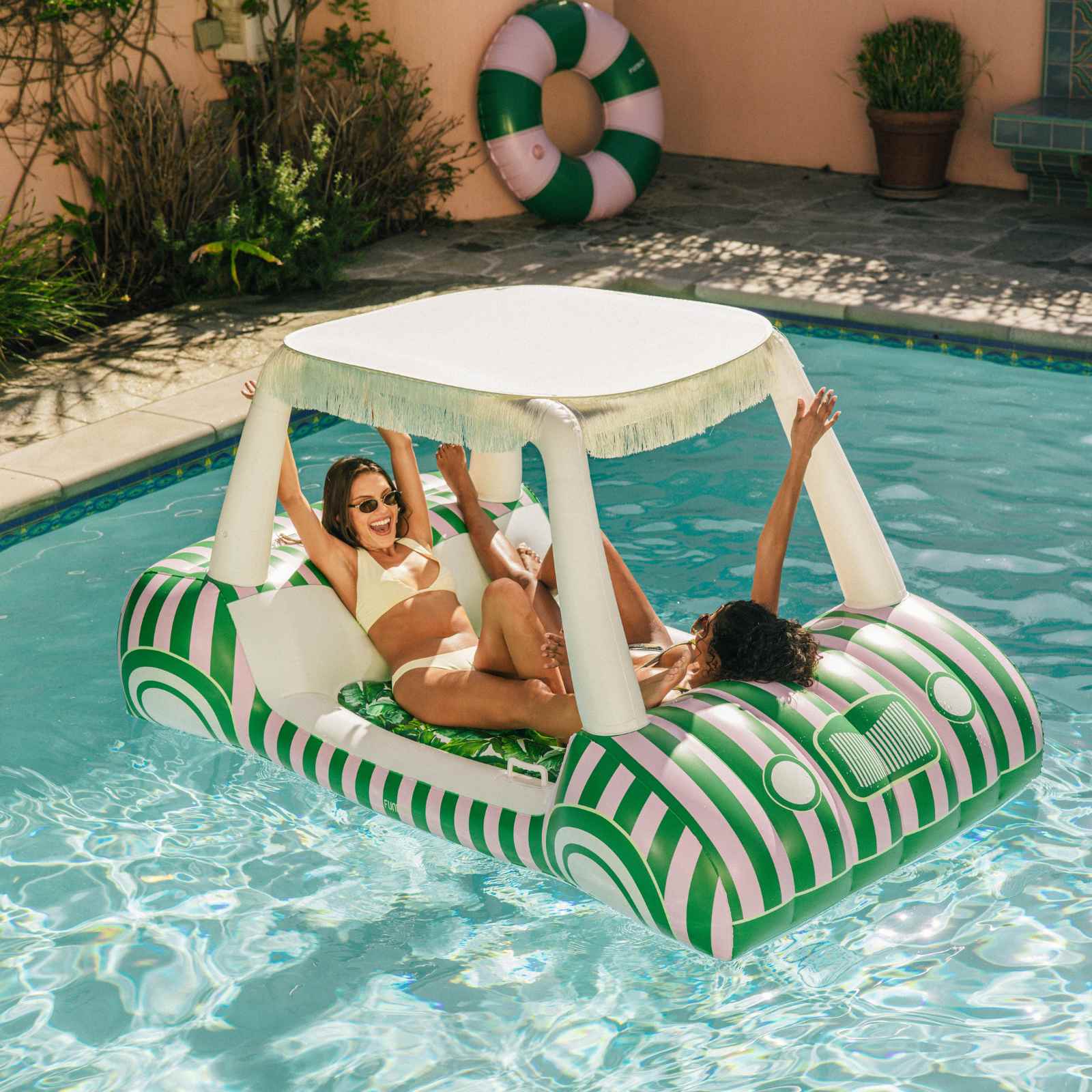 Green & Pink Palm Cabana Golf Cart Pool Float, Removable Shade | FUNBOY Near Me