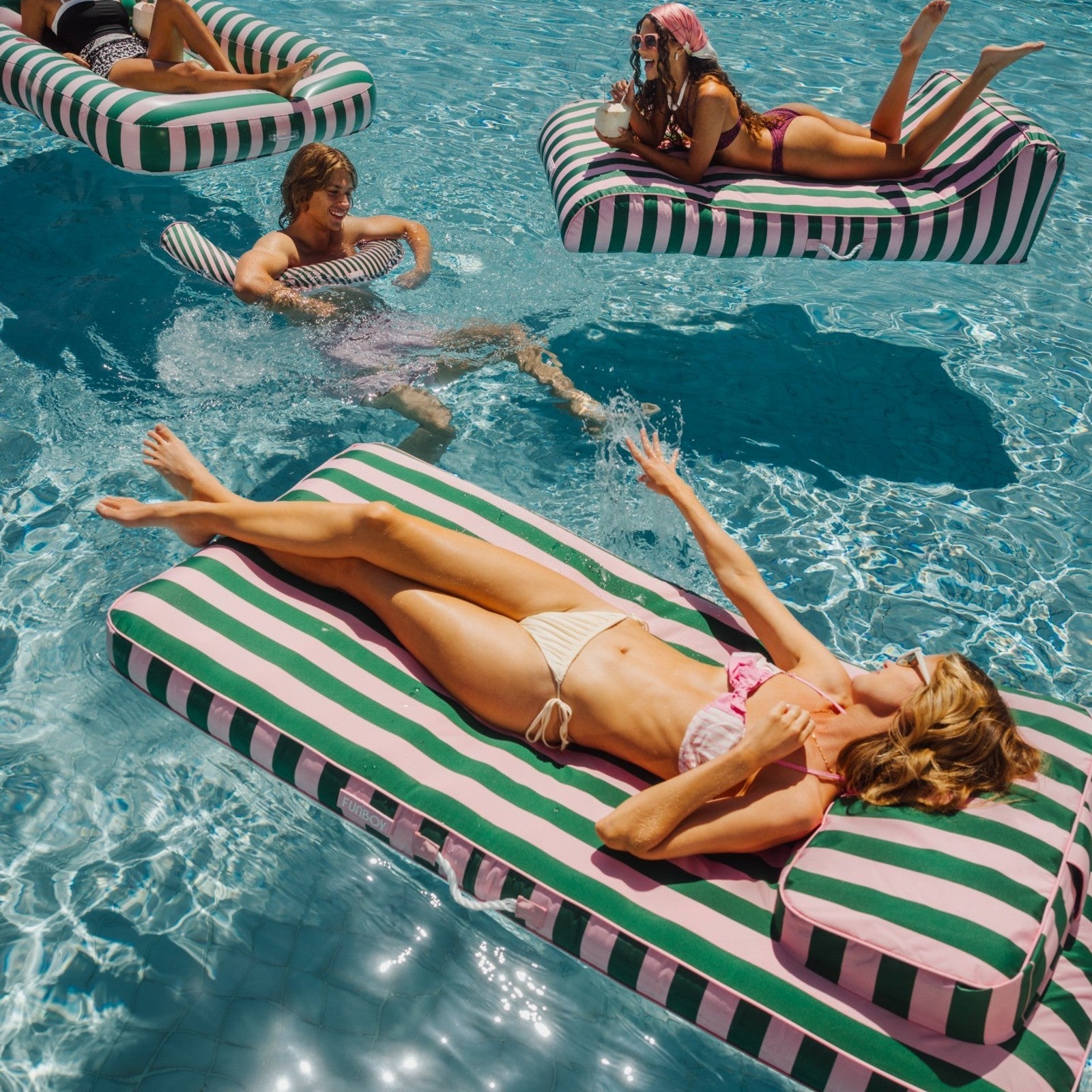 Fabric Covered Flat Lounger Pool Float - Pink & Green | FUNBOY Online