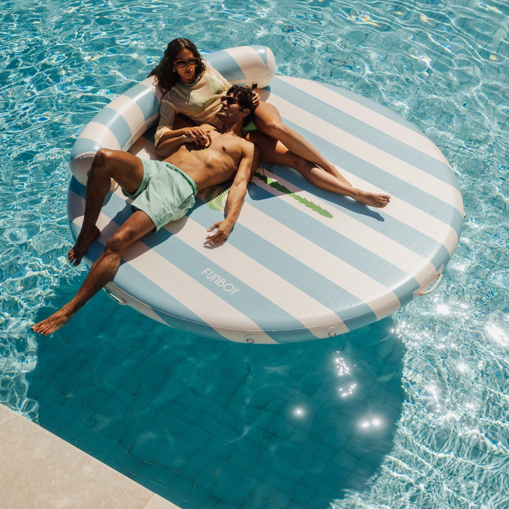 Inflatable Floating Dock: White, Blue Stripes Palm | FUNBOY Discount