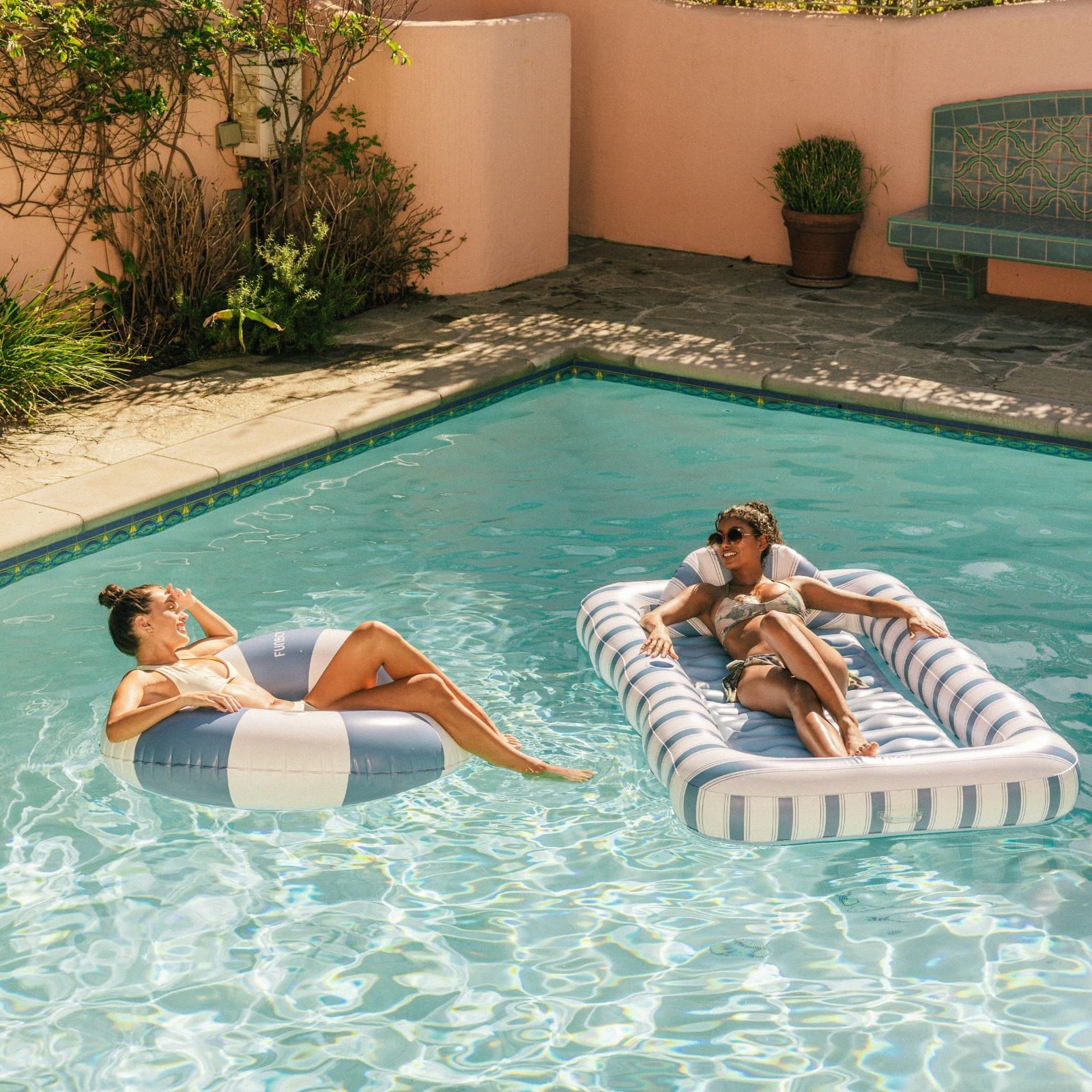 Large Pool Tube Float: Denim Blue Orange & White Stripes, 46" | FUNBOY