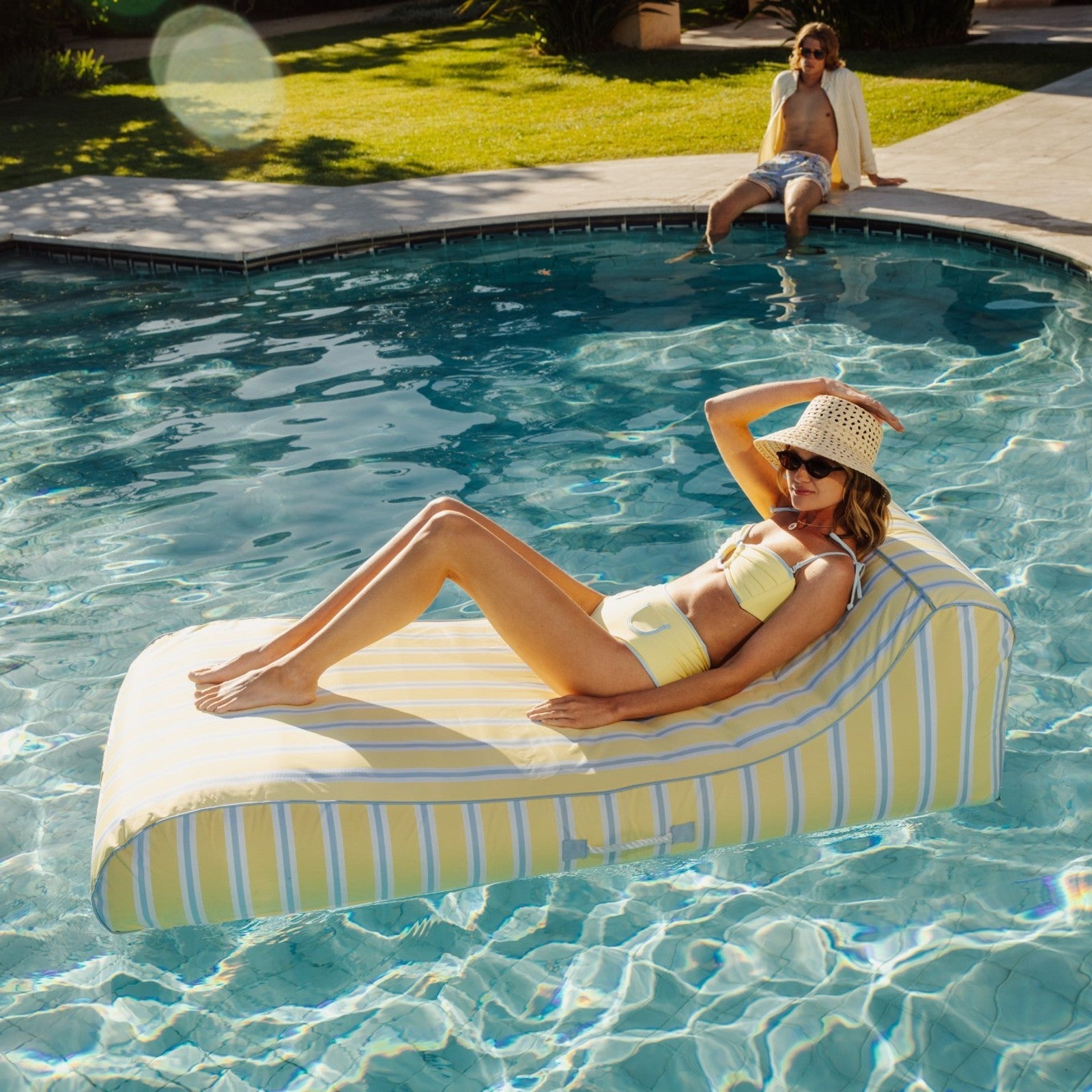 Fabric Covered Pool Float - Yellow, Blue & White Striped Sunbed Lounger | FUNBOY Near Me