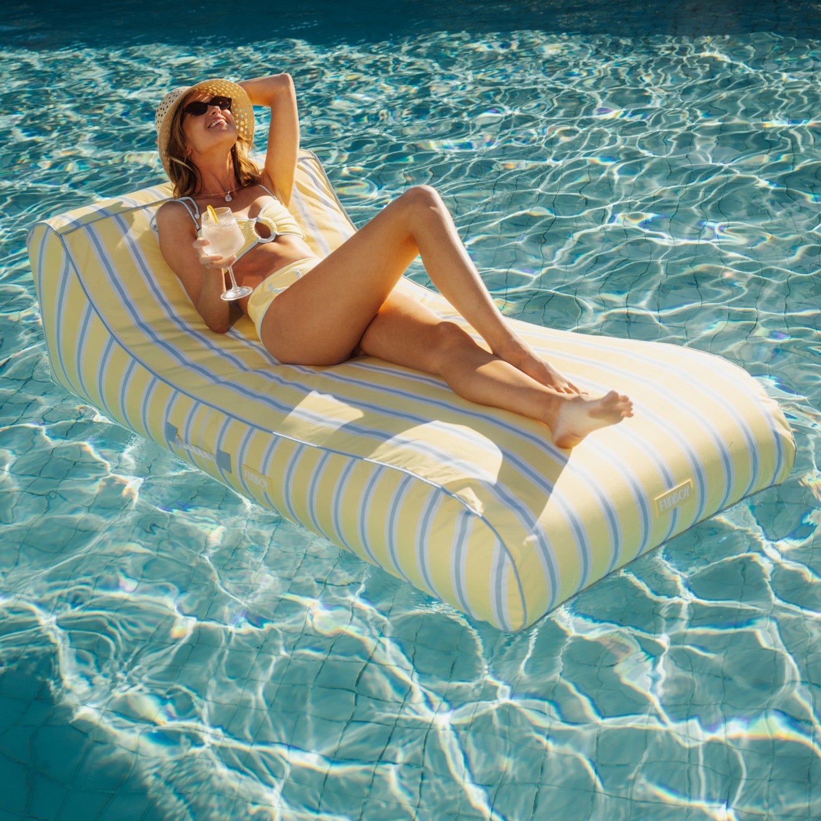 Fabric Covered Pool Float - Yellow, Blue & White Striped Sunbed Lounger | FUNBOY Near Me