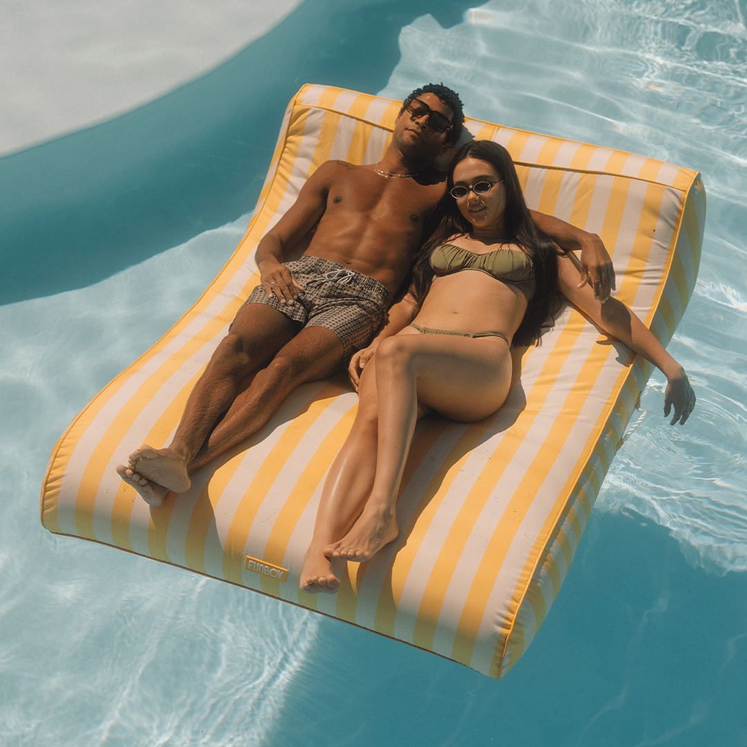 XL Fabric Covered Pool Float Sunbed Lounger - Yellow Cabana Stripes | FUNBOY Outlet