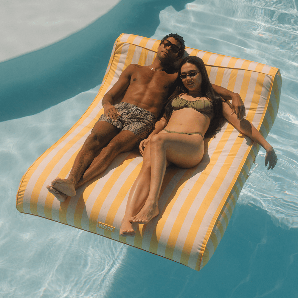 XL Fabric Covered Pool Float Sunbed Lounger - Yellow Cabana Stripes | FUNBOY Outlet