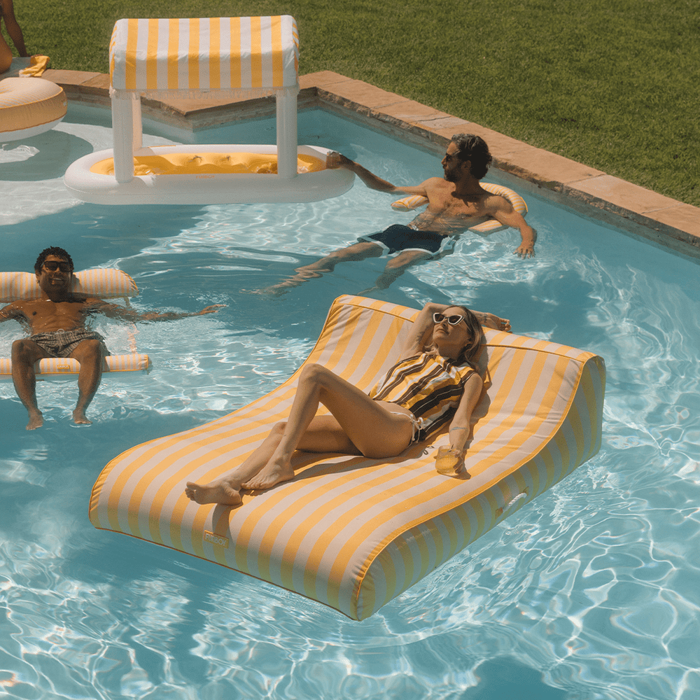 XL Fabric Covered Pool Float Sunbed Lounger - Yellow Cabana Stripes | FUNBOY Outlet