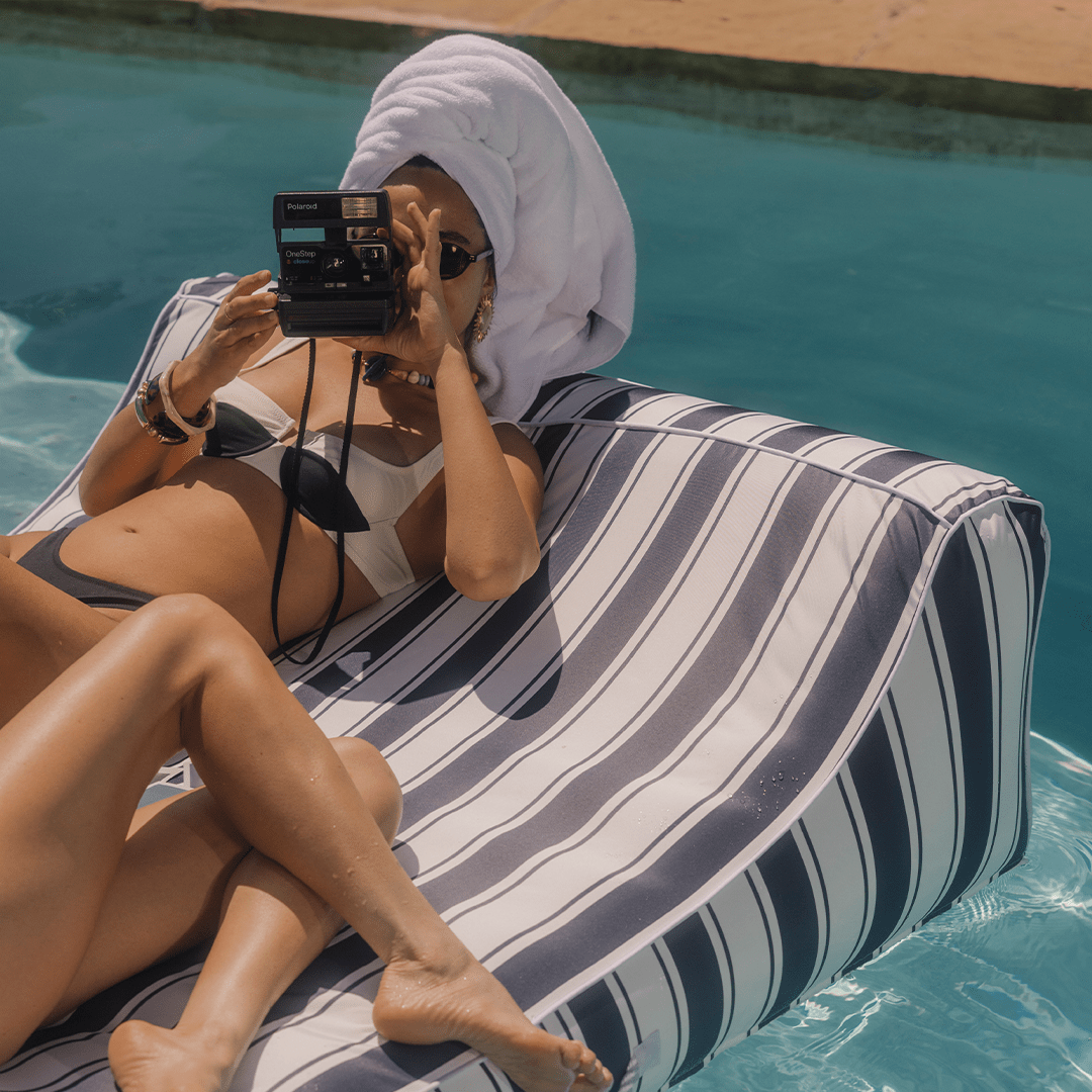 XL Fabric Covered Pool Float Sunbed Lounger - Navy Stripe | FUNBOY US