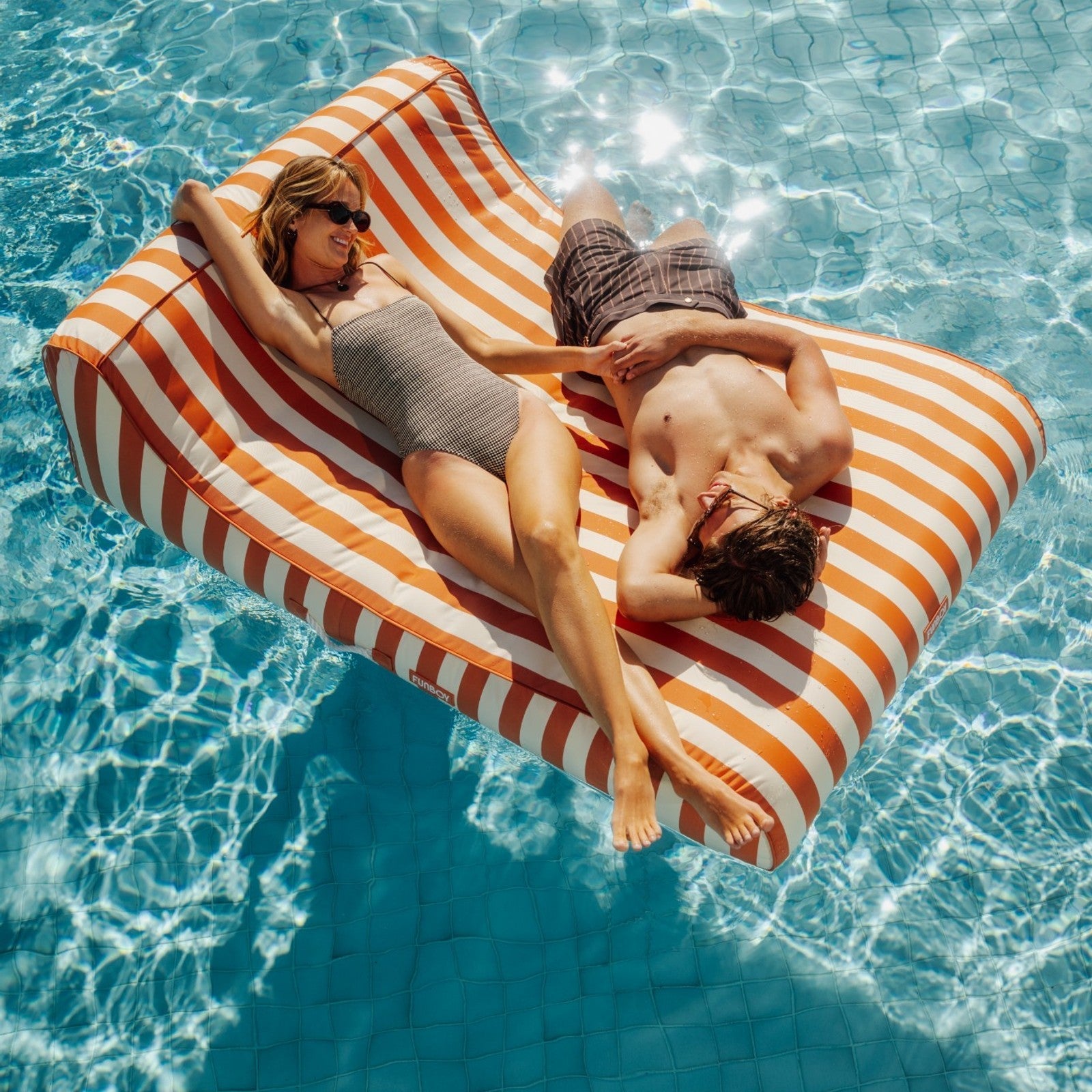 XL Fabric Covered Pool Float Sunbed Lounger - Orange Cabana Stripes | FUNBOY