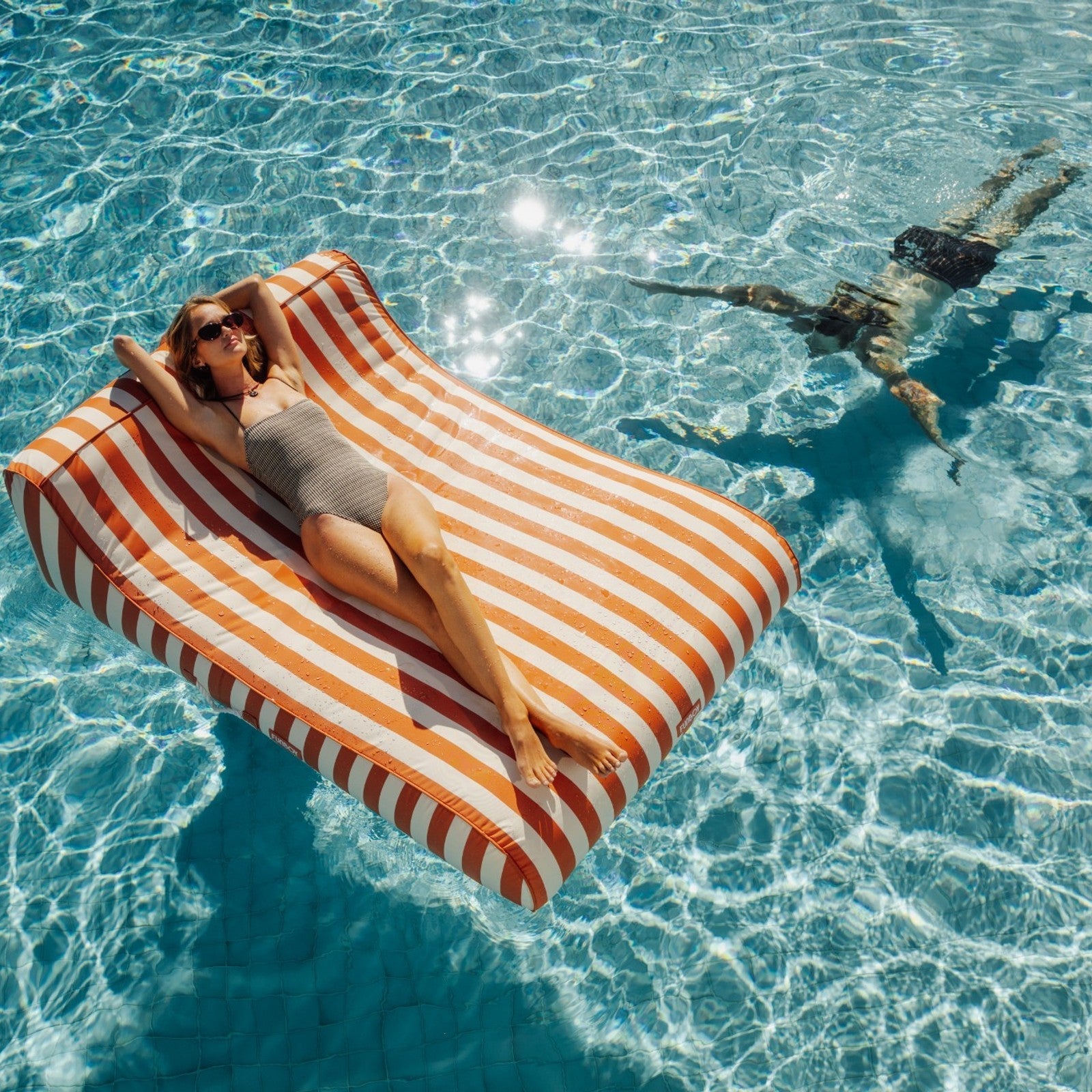 XL Fabric Covered Pool Float Sunbed Lounger - Orange Cabana Stripes | FUNBOY