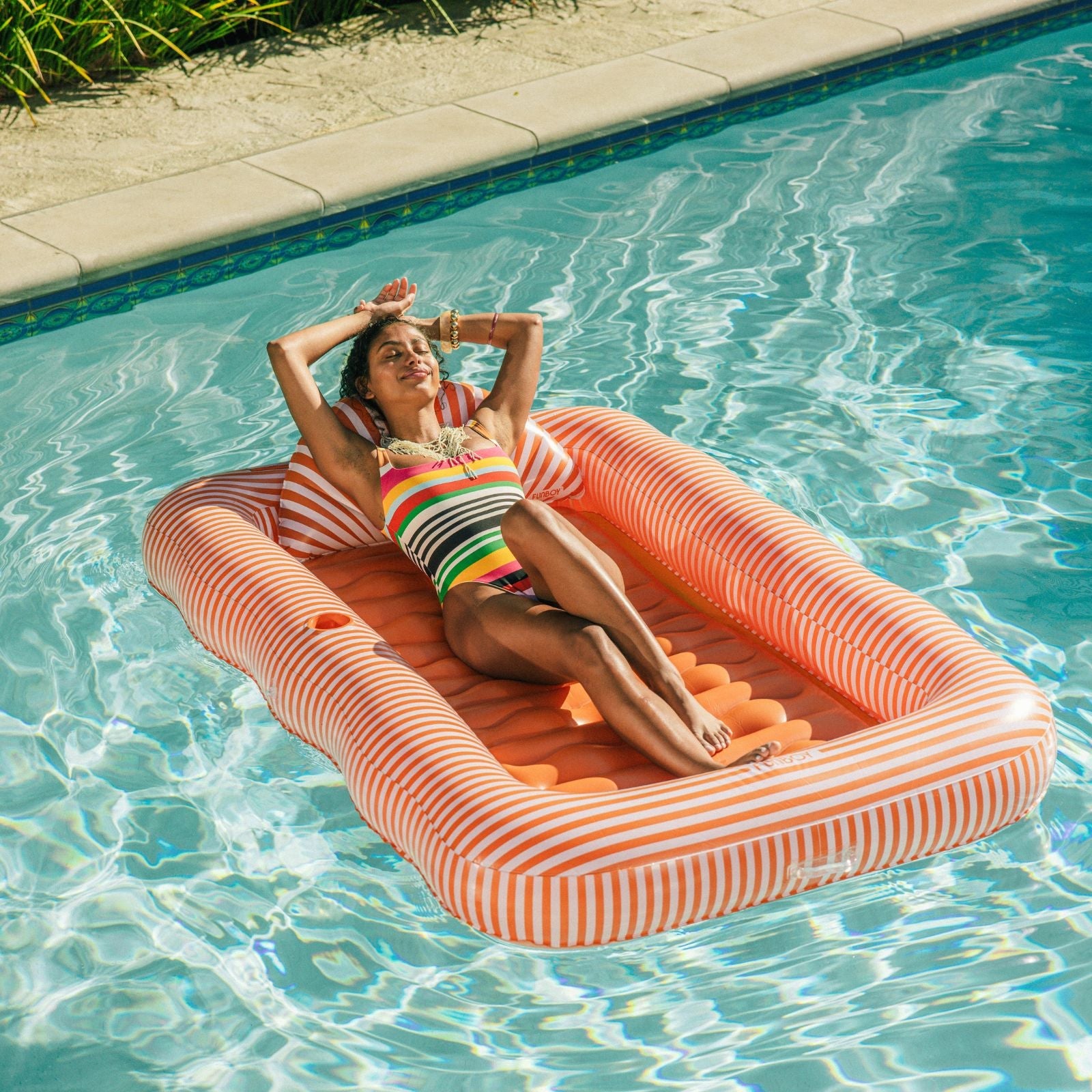 Tanning Pool Lounger: Orange White Stripes | FUNBOY