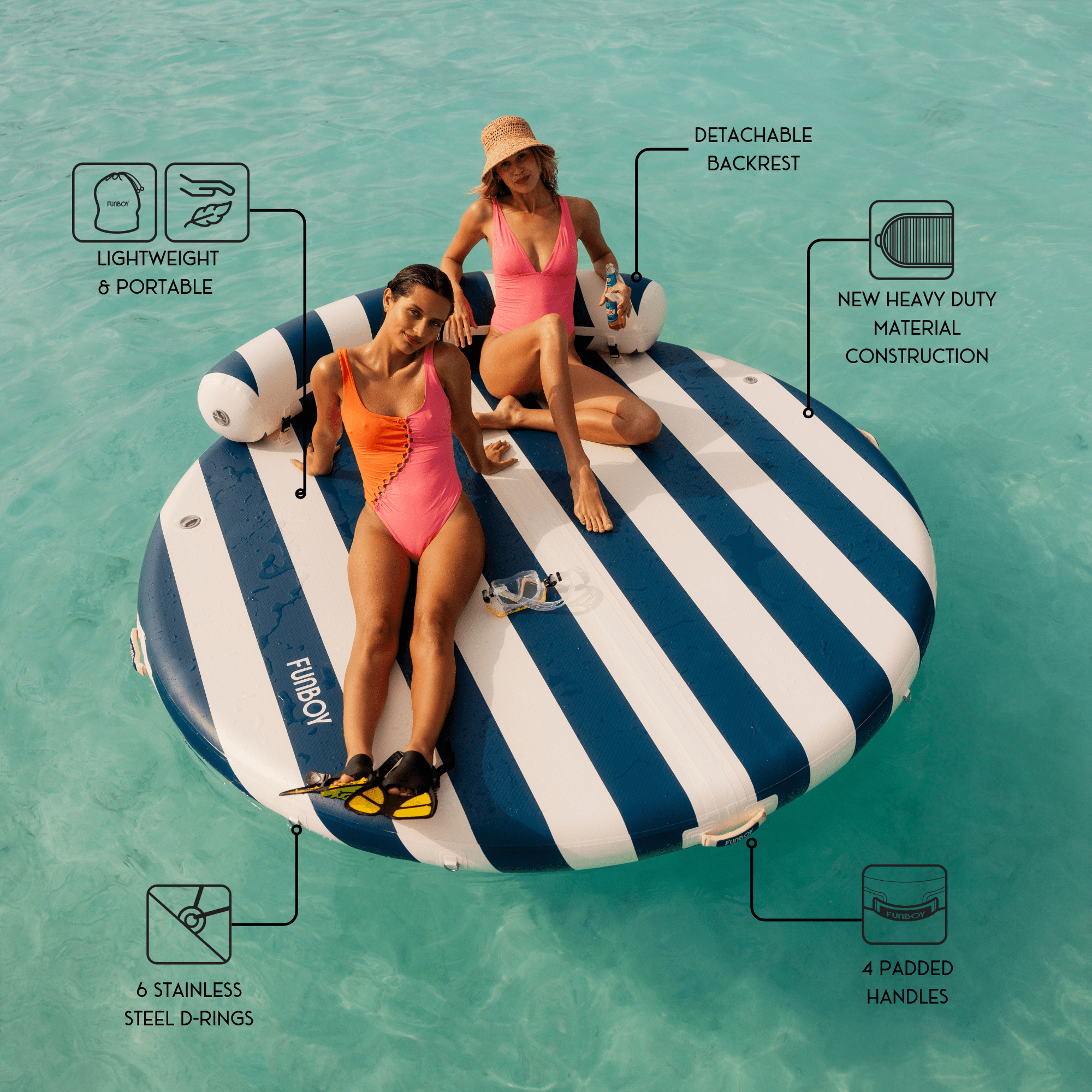 Inflatable Floating Dock: White, Navy Blue Stripes | FUNBOY US