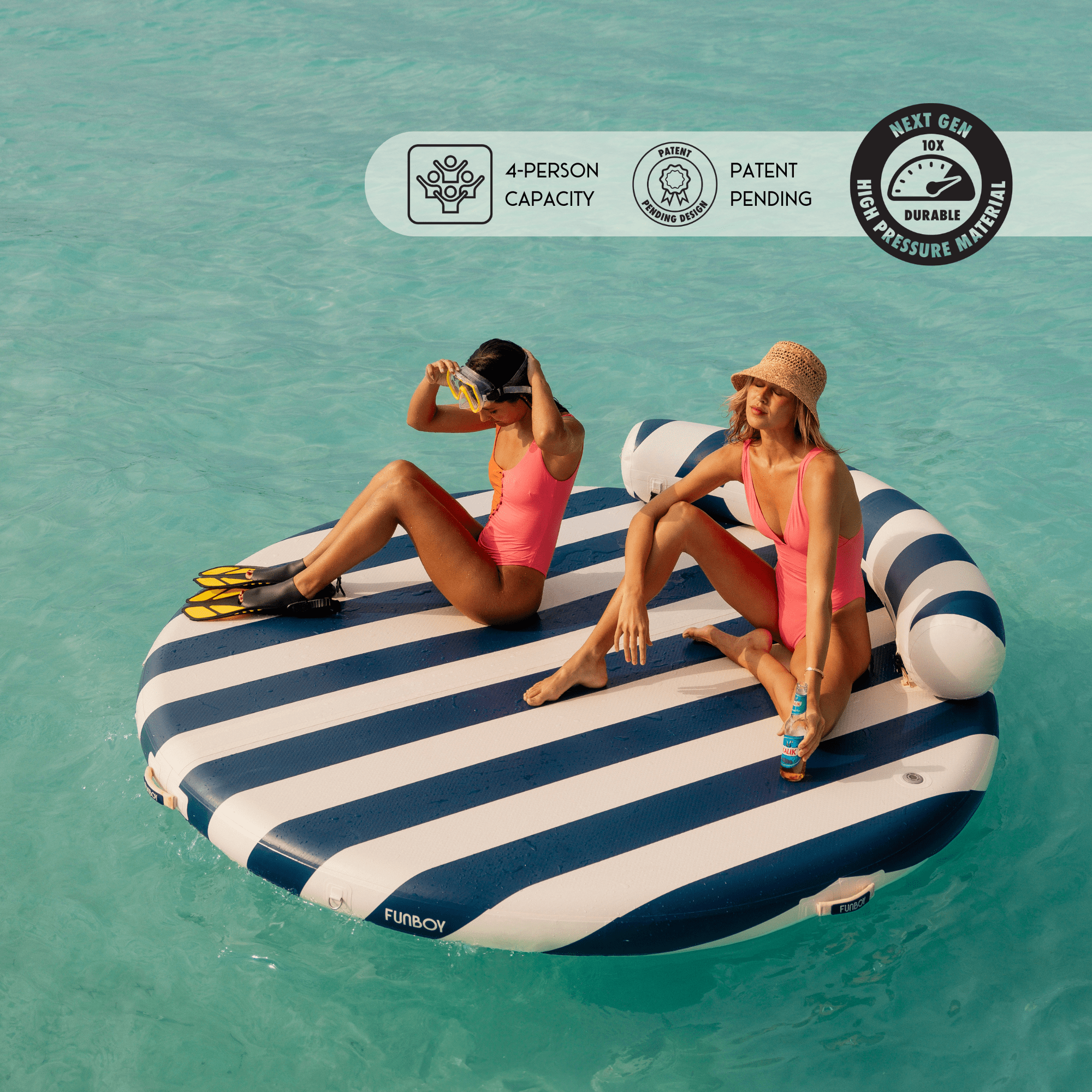 Inflatable Floating Dock: White, Navy Blue Stripes | FUNBOY US