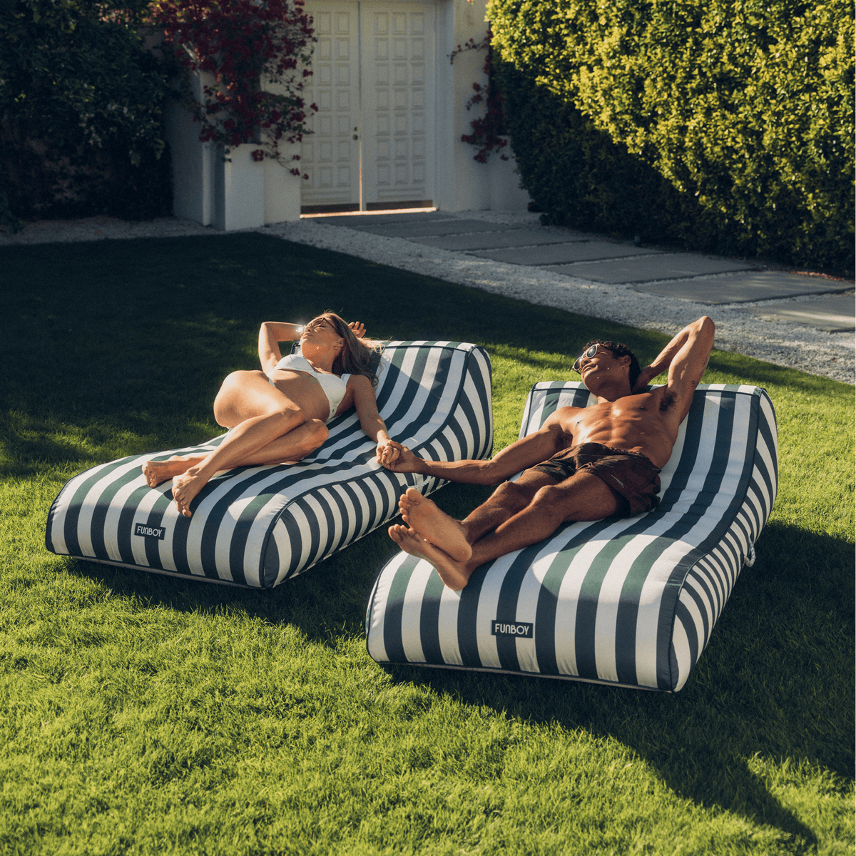 Fabric Covered Sunbed Lounger Pool Float. Green Striped 2 Pack | FUNBOY Online