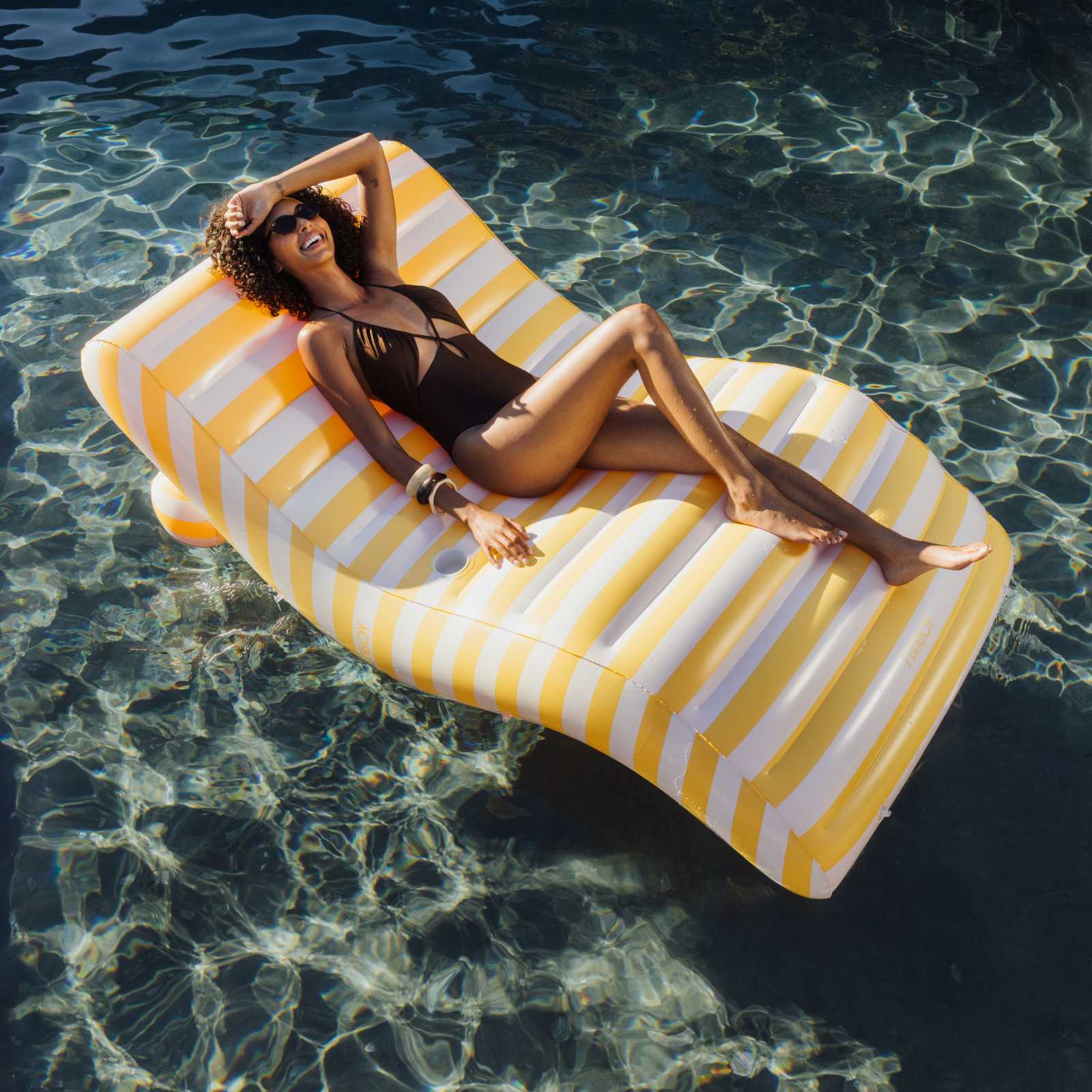 Yellow Striped Chaise Lounger Pool Float | FUNBOY For Sale