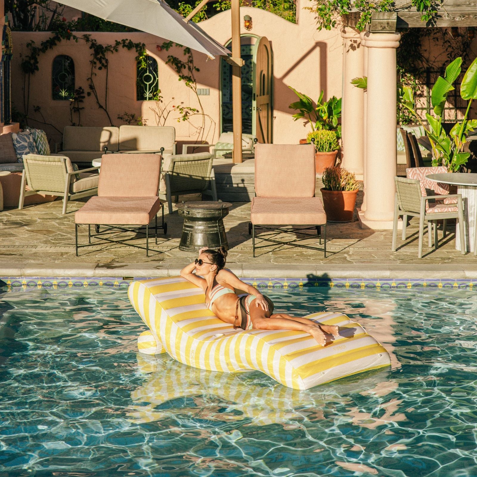 Yellow Striped Chaise Lounger Pool Float | FUNBOY For Sale