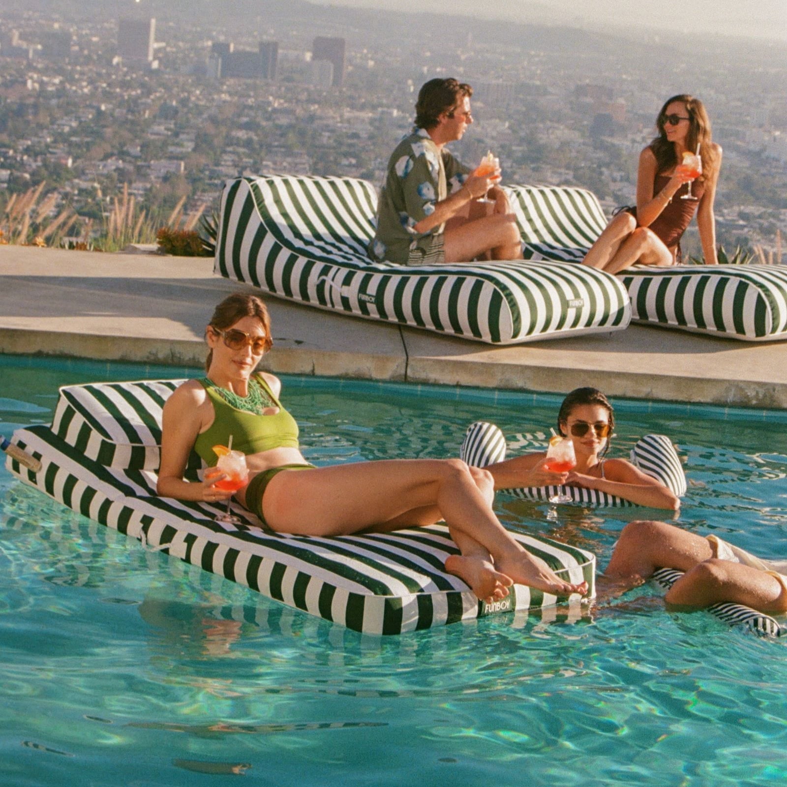 Fabric Classic Mat Lounger Pool Float - Green Cabana Stripe | FUNBOY US